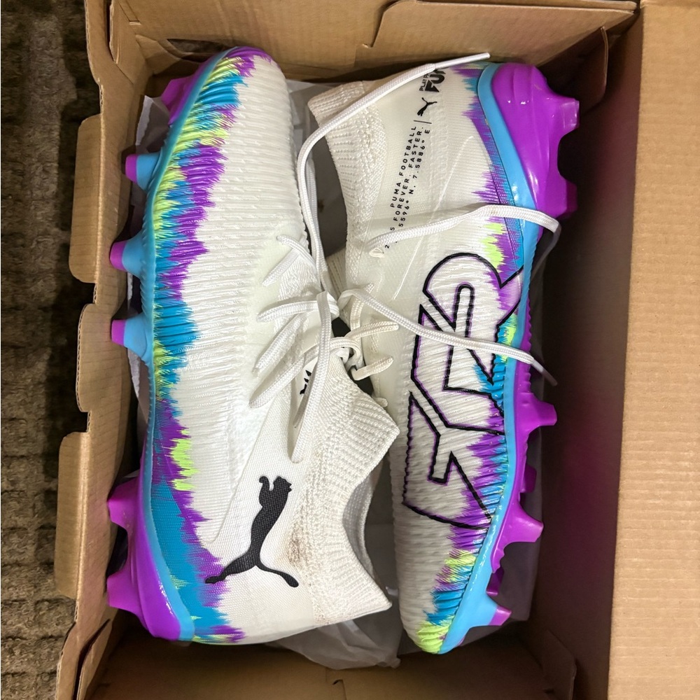 Puma White Soccer Cleats with Purple, Blue & Yellow Accent